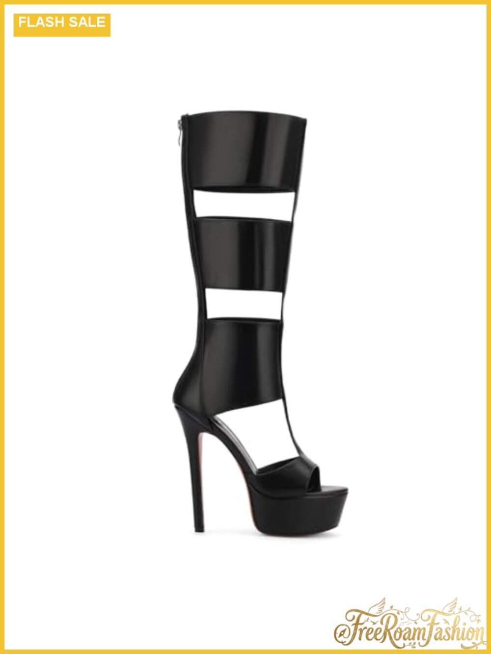 FancyQueen Platform Knee High Heels Faux Leather Gladiator Peep Toe Summer Boots - Picture 4 of 6